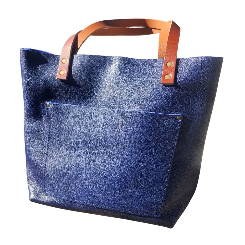Portland Leather Med Classic Tote Cobalt Pebbled Leather Tan Handles (Tandles)